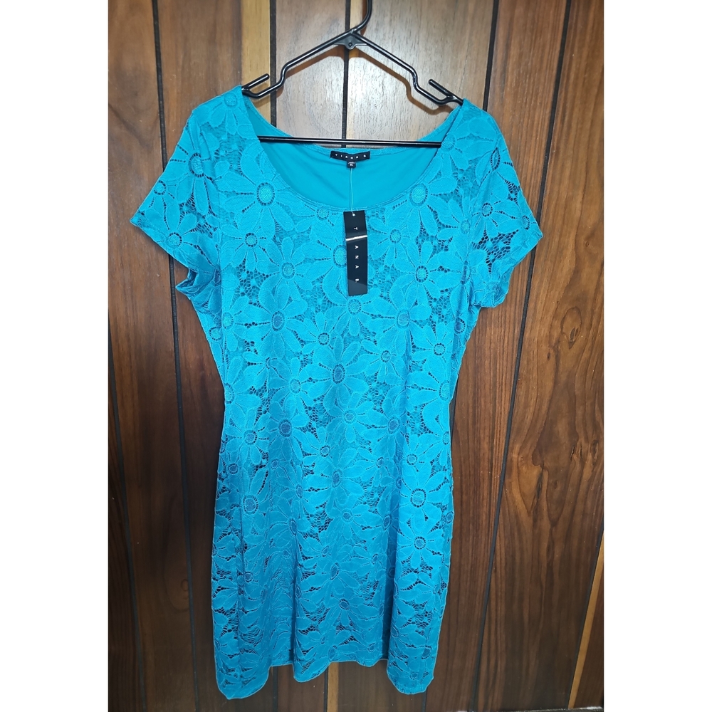 NWT Tiana B Turquoise Floral Crochet Lace Overlay Dress Size XL